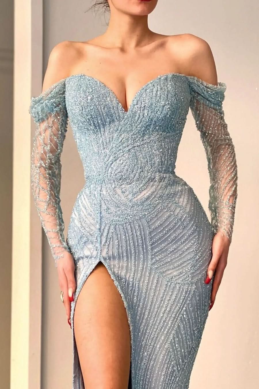 Blue Long Sleeves Off-The-Shoulder Sweetheart Sequins Mermaid Evening Dress with Split BM bride