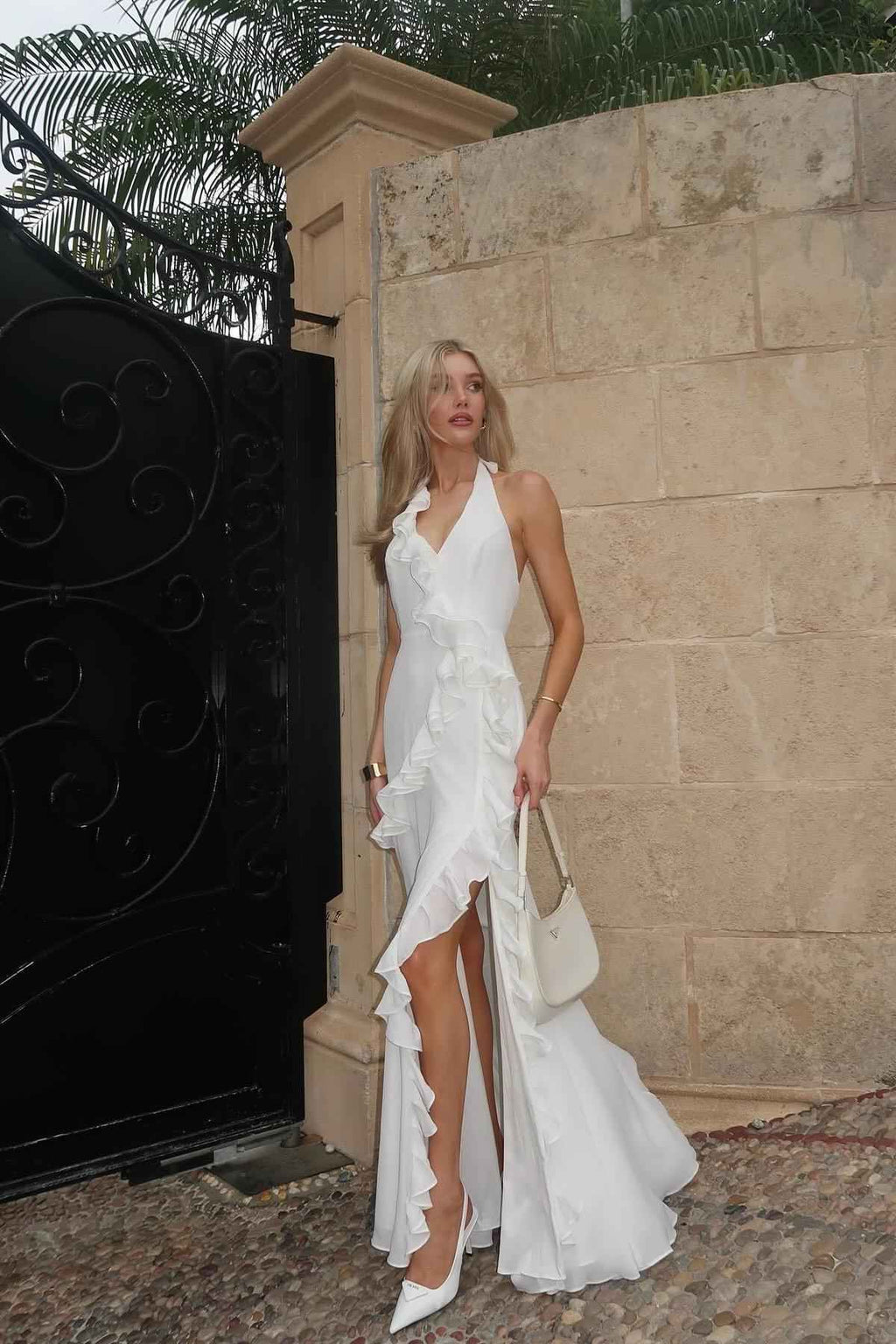 Halter Backless Sleeveless Split Long Prom Dress With Ruffles