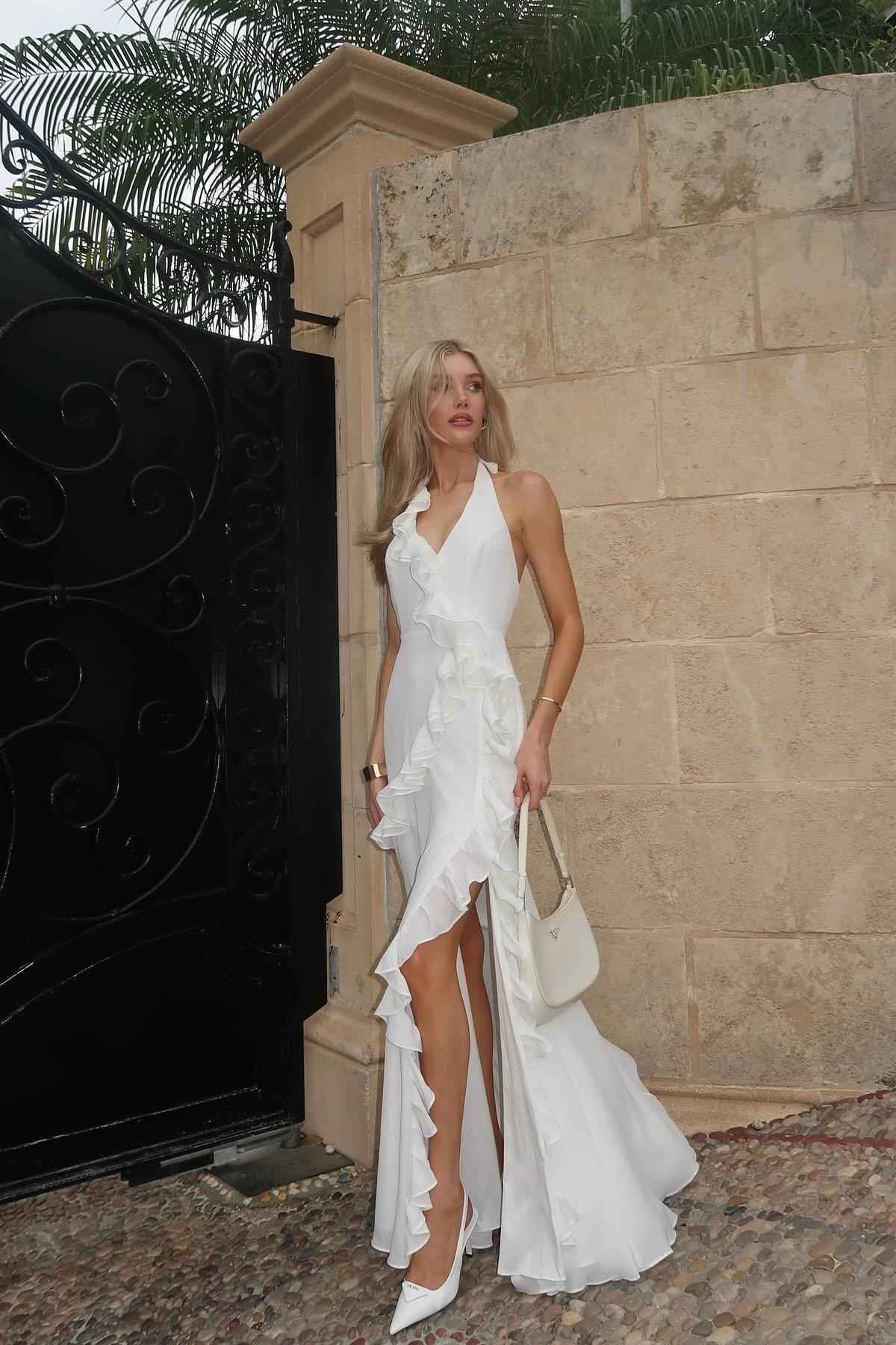 Halter Backless Sleeveless Split Long Prom Dress With Ruffles