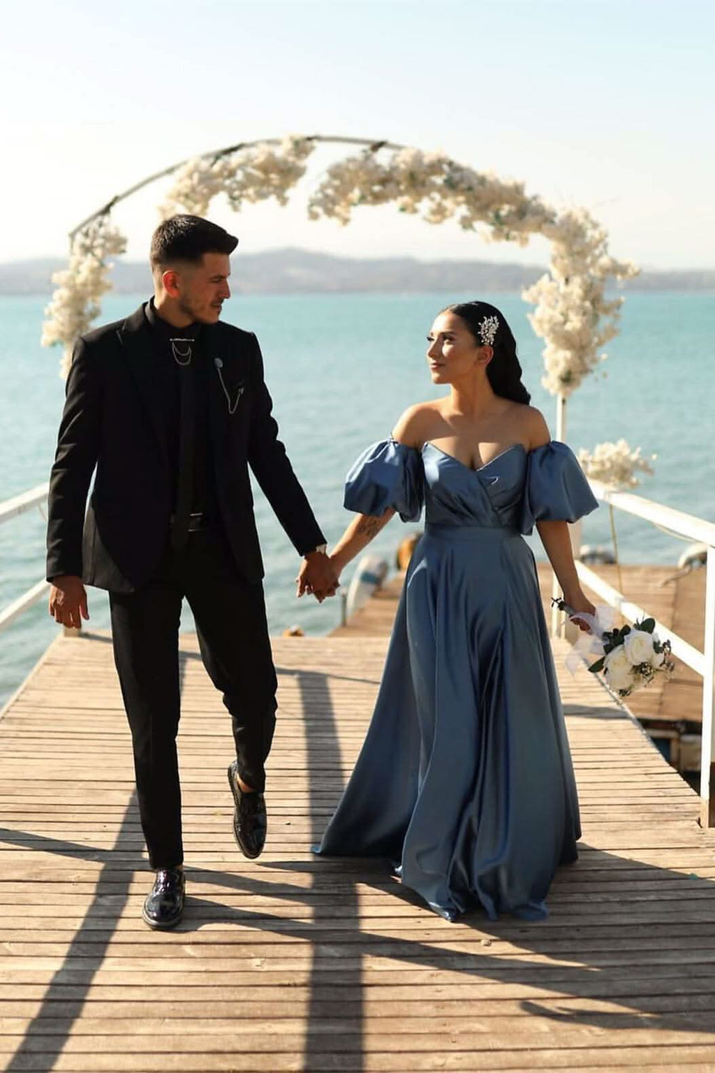 Dusty Blue Sweetheart Off-the-Shoulder Puff Sleeve Evening Dress with Front Split BM bride