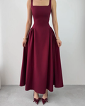 Sleeveless Square Neck Straps Tea Length Prom Dress With Pleated