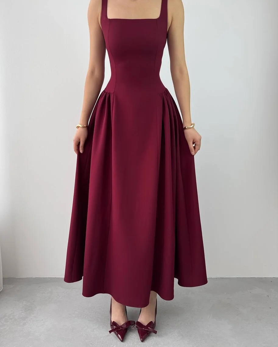 Sleeveless Square Neck Straps Tea Length Prom Dress With Pleated
