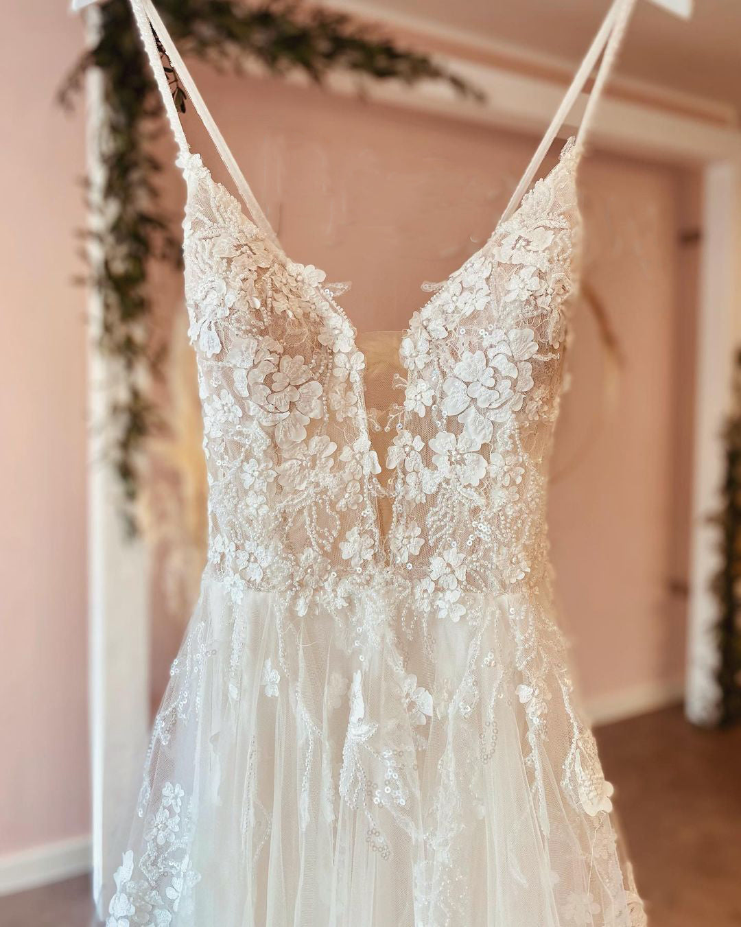 Long A-Line Deep V-Neck Spaghetti Strap Backless Wedding Dress with Lace Tulle BM bride