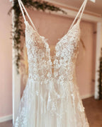 Long A-Line Deep V-Neck Spaghetti Strap Backless Wedding Dress with Lace Tulle BM bride