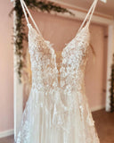 Long A-Line Deep V-Neck Spaghetti Strap Backless Wedding Dress with Lace Tulle BM bride