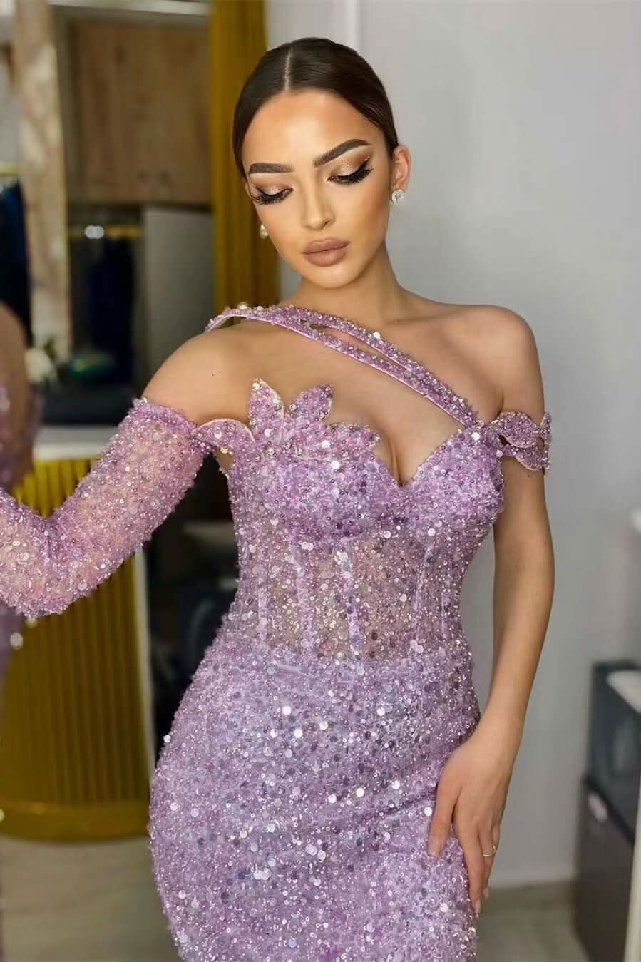 Lavender Gorgeous Long Sleeve Sequined Mermaid Prom Dress BM bride