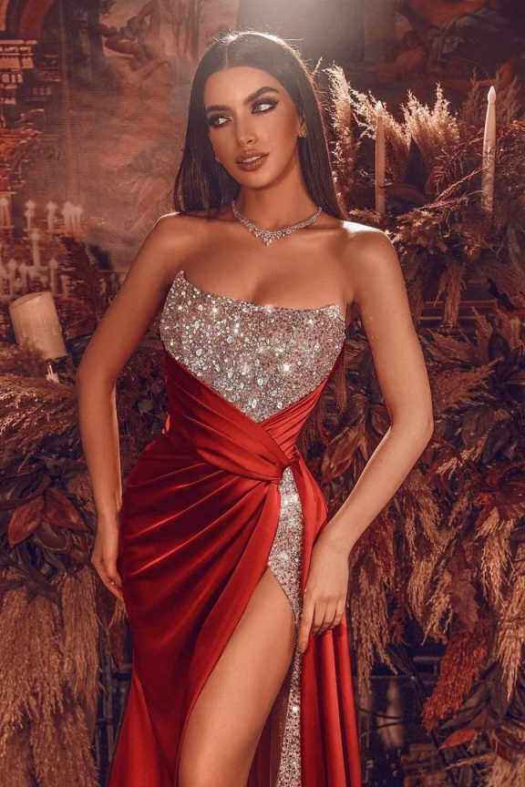 Sequins Strapless Sleeveless Long Mermaid Prom Dress With Split