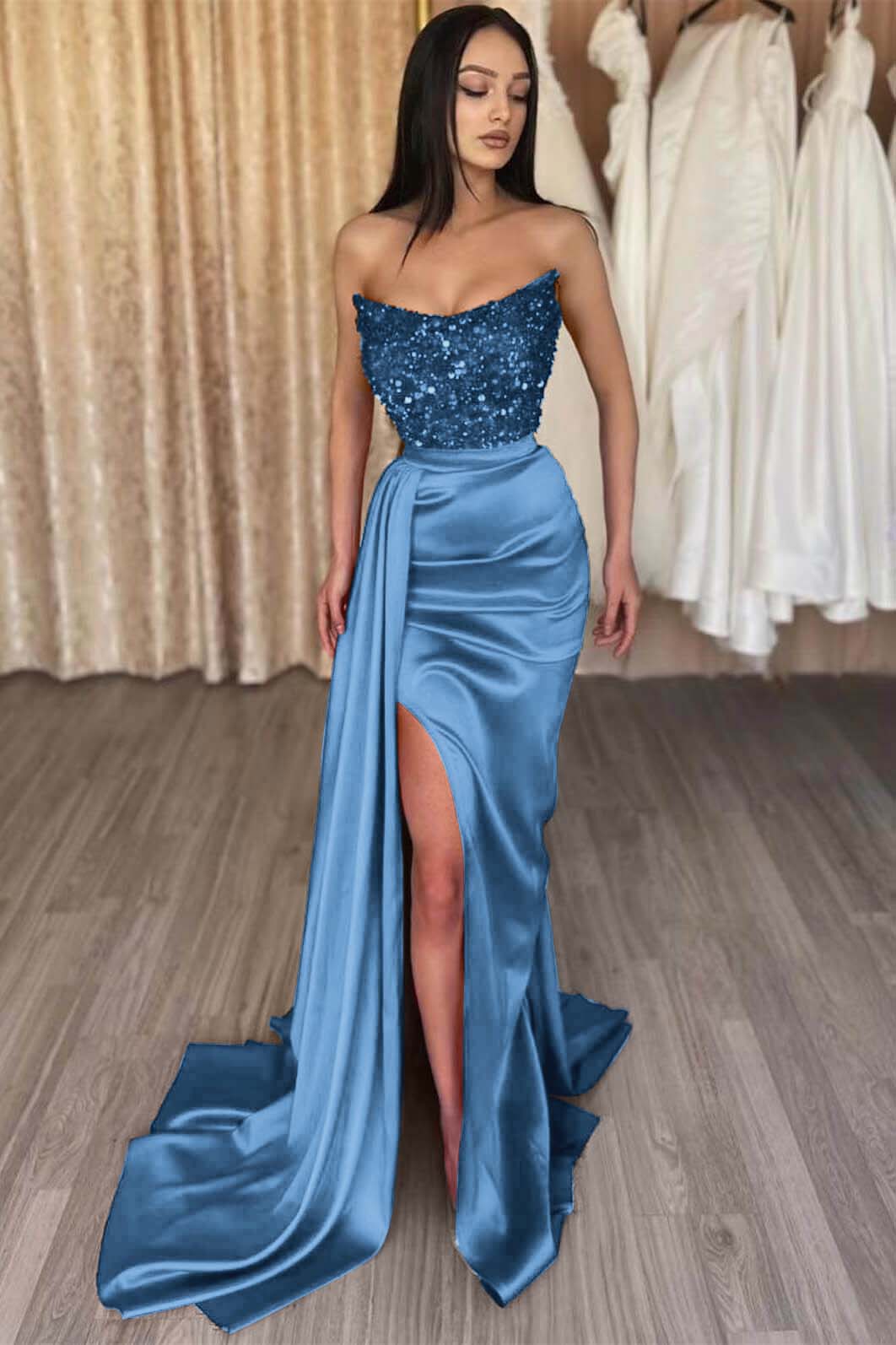 Red Strapless Elegant Sleeveless Long Sequins Prom Dress Mermaid Side Split BMBRIDE