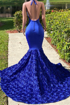 Royal Blue Halter V-Neck Open-Back Sleeveless Mermaid Prom Dress BM bride