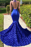 Royal Blue Halter V-Neck Open-Back Sleeveless Mermaid Prom Dress BM bride