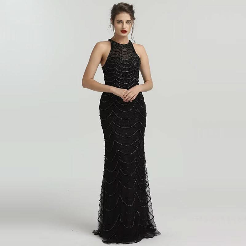 Black Sequin Tulle Mermaid Prom Dress with Sleeveless Design BM bride