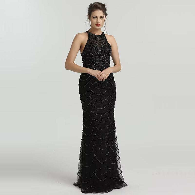 Black Sequin Tulle Mermaid Prom Dress with Sleeveless Design BM bride