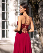 Spaghetti-Straps V-Neck Long Prom Dress with Slit and Appliques BM bride