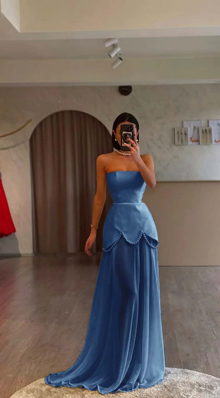 White Strapless Sleeveless Long Prom Dress With Pleated Beading BMBRIDE