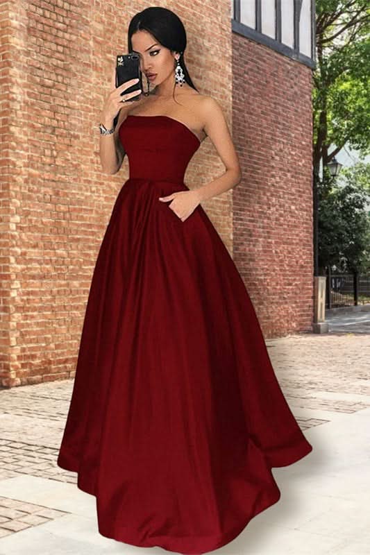 Strapless Burgundy Prom Dress with Pockets BM bride