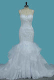 Spaghetti Strap Backless Tulle Mermaid Wedding Dress with Lace Appliques BM bride
