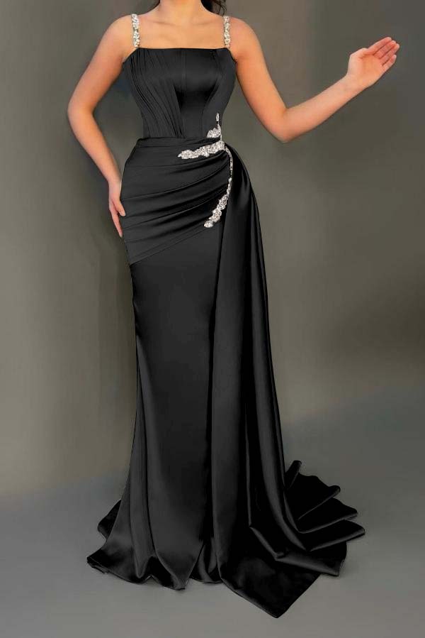 Spaghetti Strap Sleeveless Long Mermaid Prom Dress With Pleated Beading