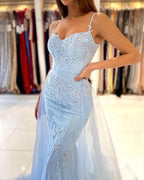 Sky Blue Lace Mermaid Prom Dress BM bride
