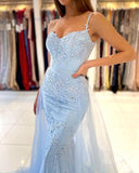 Sky Blue Lace Mermaid Prom Dress BM bride