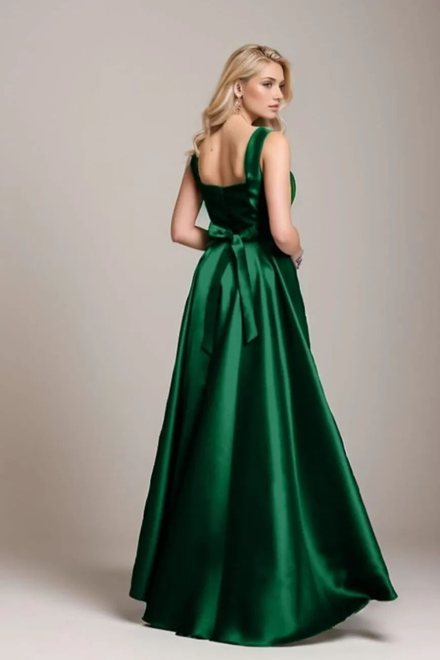 Dark Green Straps Sleeveless A Line Long Prom Dress With Belt