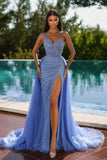 Gorgeous One Shoulder Sleeveless Mermaid Split Evening Dress Sequins with Tulle Overskirt BM bride