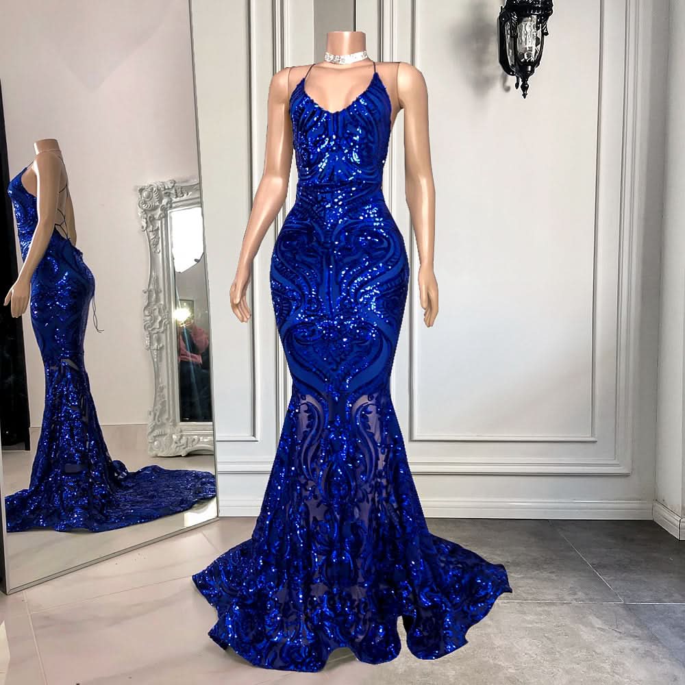 Royal Blue Spaghetti-Straps Mermaid Long Prom Dress with Sequins BM bride