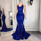 Royal Blue Spaghetti-Straps Mermaid Long Prom Dress with Sequins BM bride