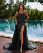 Gorgeous One Shoulder Sleeveless Mermaid Split Evening Dress Sequins with Tulle Overskirt BM bride