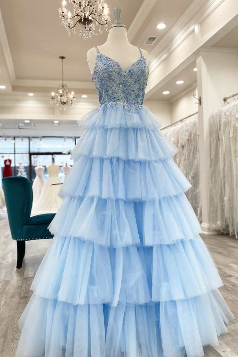 Floral Lace V-Neck Multi-Tiered A-Line Prom Dress BM bride