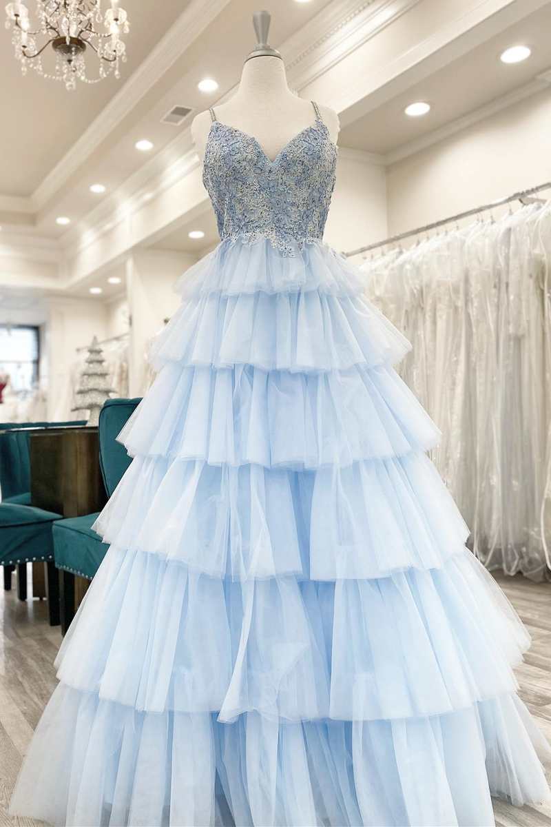 Floral Lace V-Neck Multi-Tiered A-Line Prom Dress BM bride