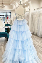 Floral Lace V-Neck Multi-Tiered A-Line Prom Dress BM bride