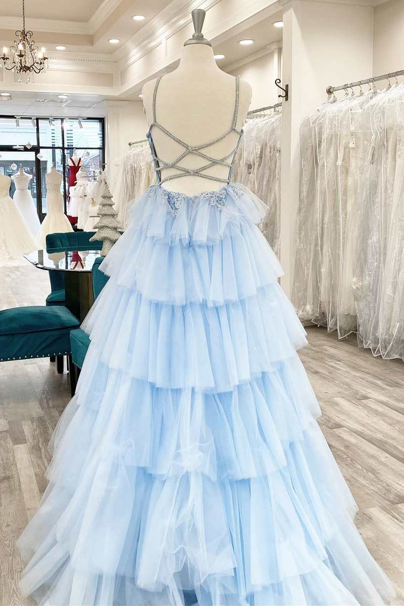 Floral Lace V-Neck Multi-Tiered A-Line Prom Dress BM bride