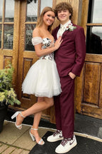 Elegant Off-the-Shoulder White Short Party Dress with Cut Glass Mirrors BM bride