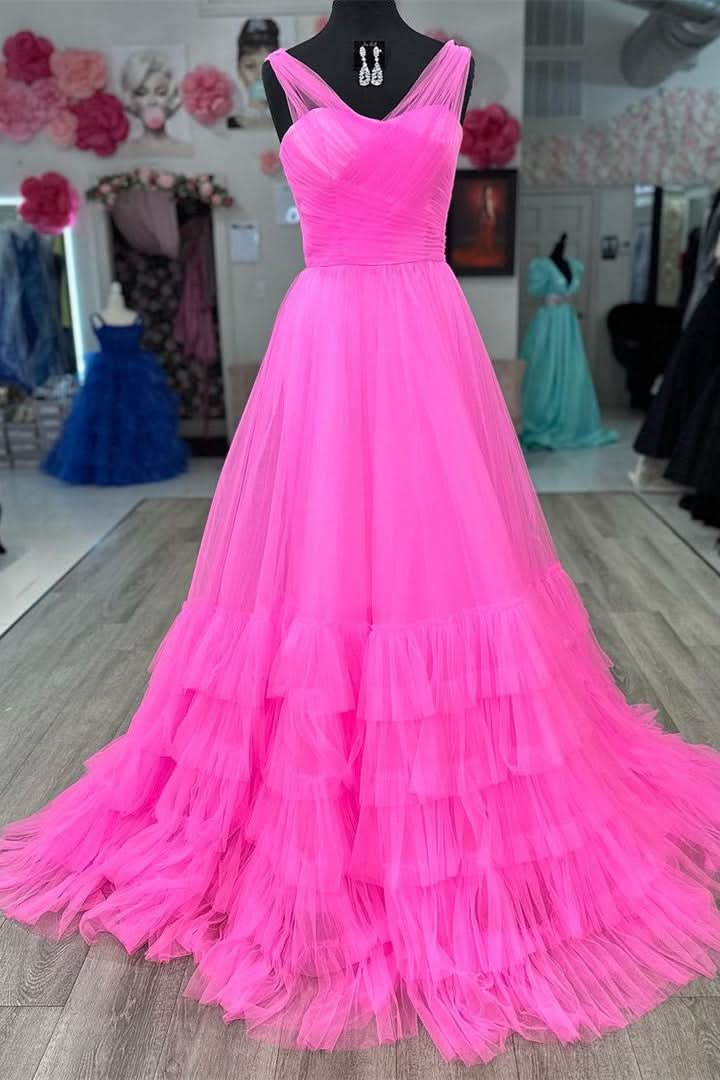 Lovely A-Line Illusion V Neck Layers Tulle Prom Dress BM bride