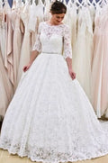 A-line Lace Backless Long Wedding Dress With Sleeves BM bride