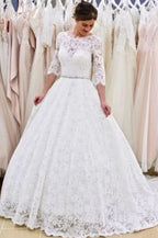 A-line Lace Backless Long Wedding Dress With Sleeves BM bride
