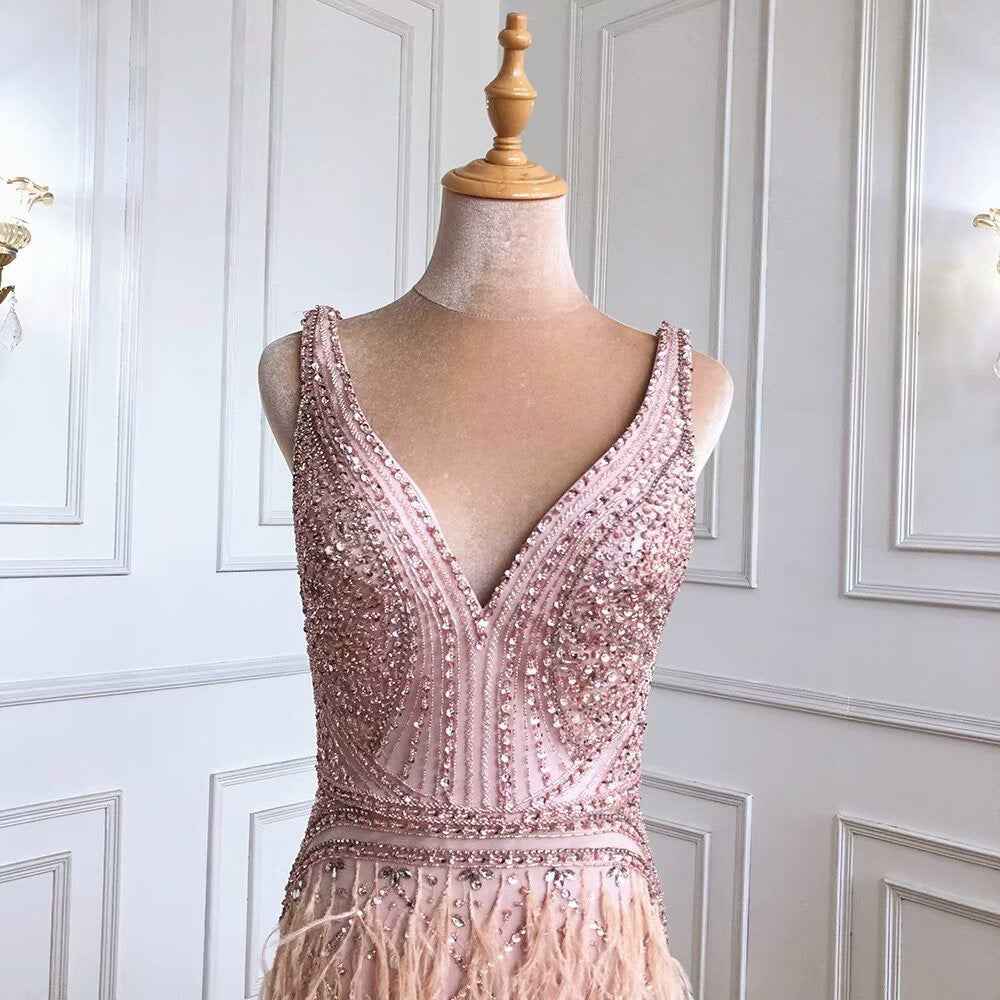 Chic V Neck Feather Appliques Sleeveless Bead Embroidery Blushing Pink Long Prom Dress