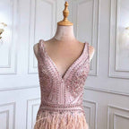 Chic V Neck Feather Appliques Sleeveless Bead Embroidery Blushing Pink Long Prom Dress