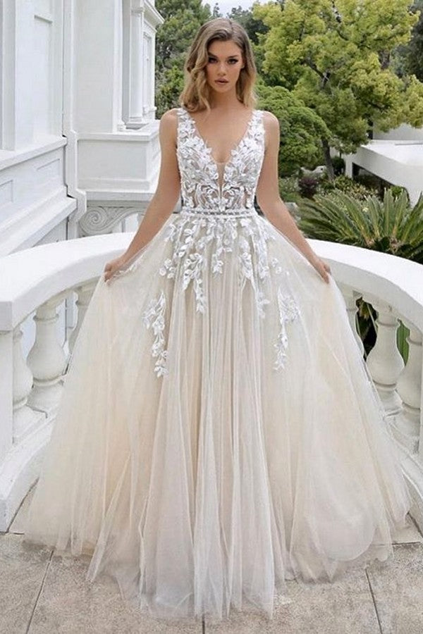 Luxury Long A-Line V-Neck Sleeveless Backless Wedding Dress with Lace and Tulle BM bride
