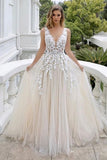 Luxury Long A-Line V-Neck Sleeveless Backless Wedding Dress with Lace and Tulle BM bride