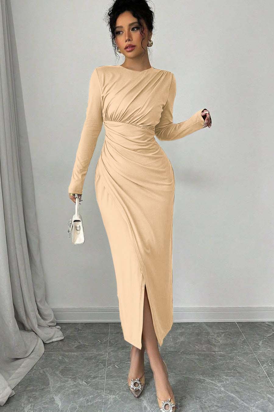 Long Sleeves Jewel Neck Tea Length Prom Dress With Split Pleated BMBRIDE