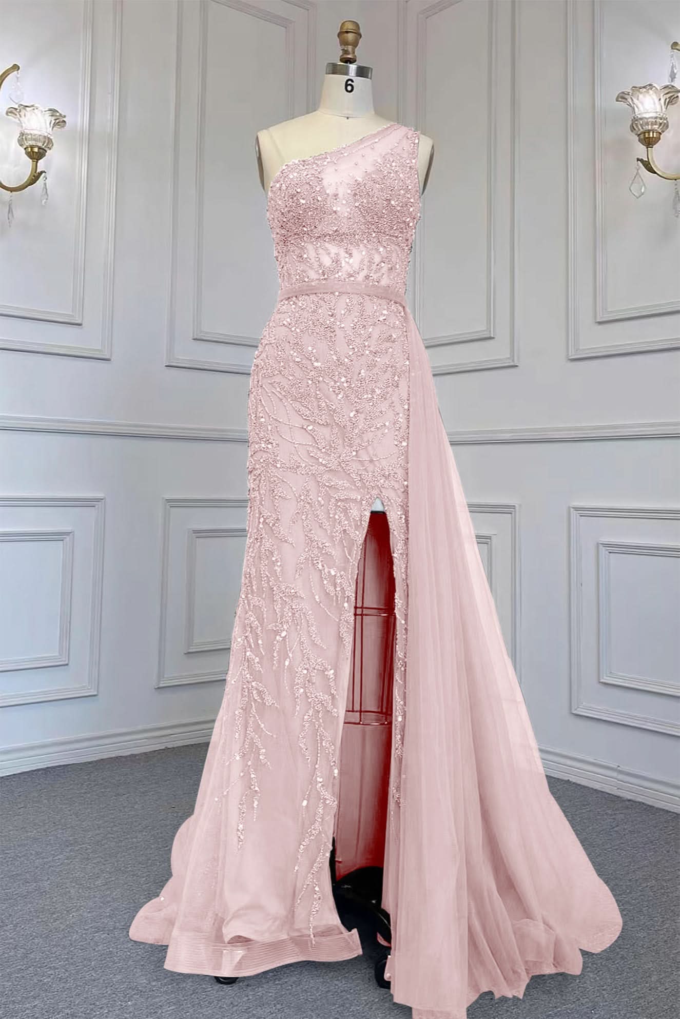Elegant One Shoulder Tulle Evening Dress with Beadings, Slit, and Rhinestone BM bride