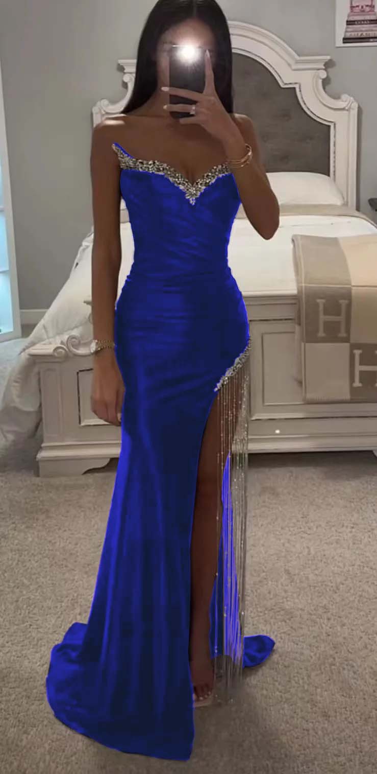 Strapless Sleeveless Long Mermaid Prom Dress With Split Tassel Beading BMBRIDE