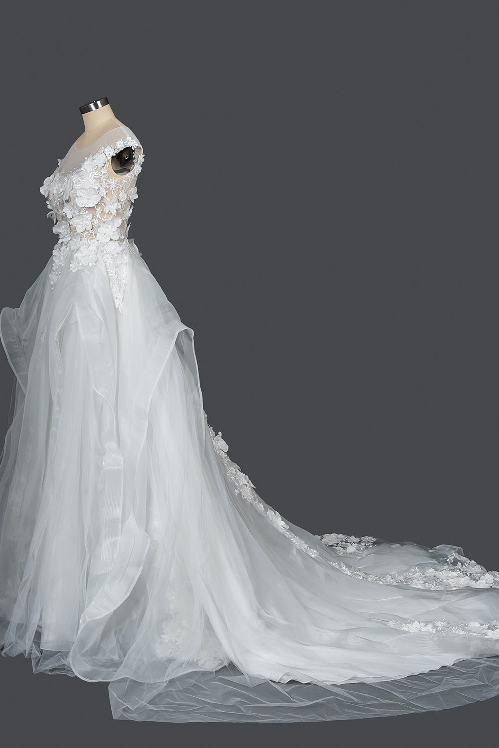 Cap Sleeve Jewel Neck Ball Gown Wedding Dress with Floral Appliques BM bride