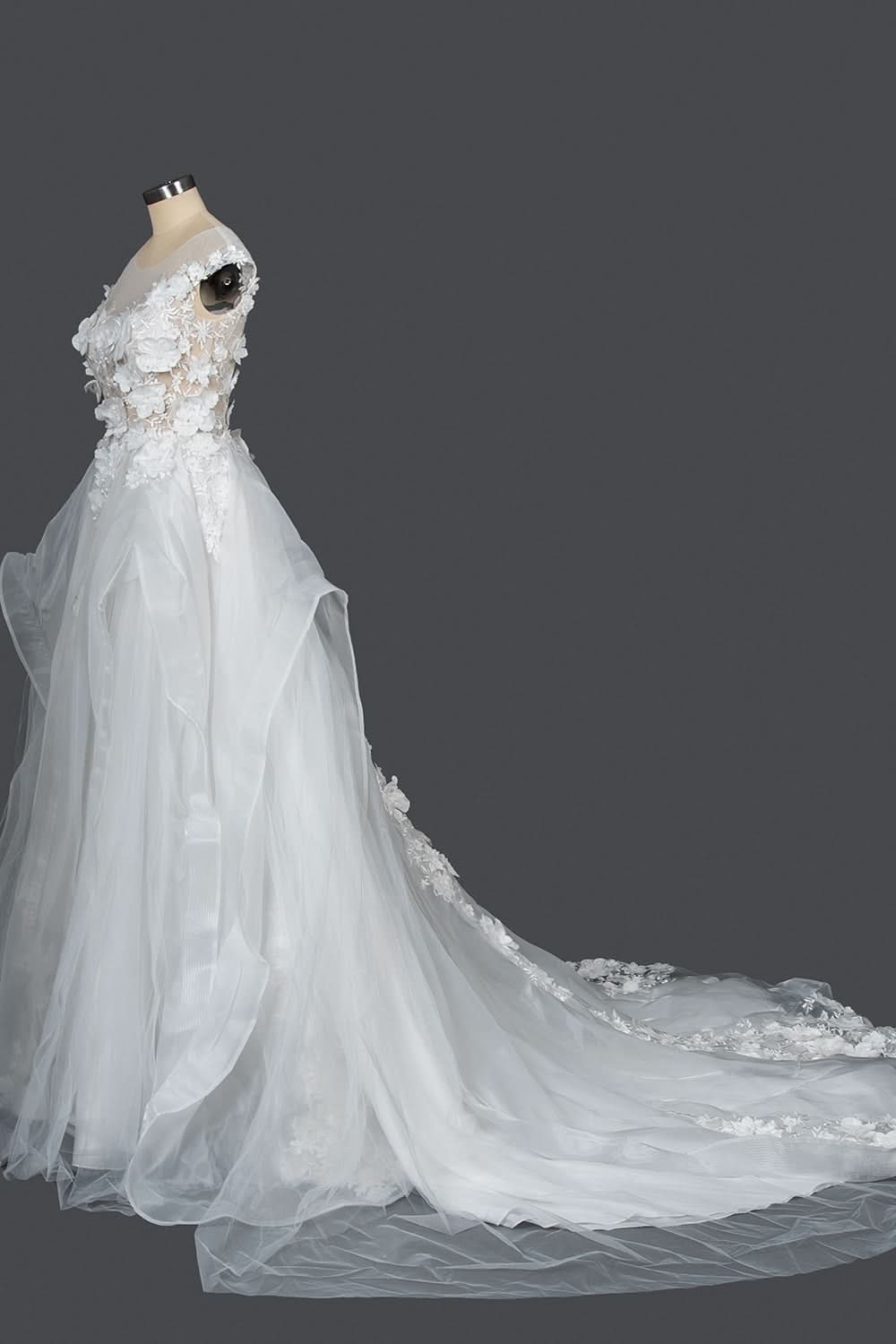 Cap Sleeve Jewel Neck Ball Gown Wedding Dress with Floral Appliques BM bride