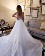 A-Line Sleeveless V-Neck Tulle Wedding Dress with Open Back BM bride