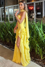 Strapless Sleeveless Long Split Prom Dress With Pleated Ruffles