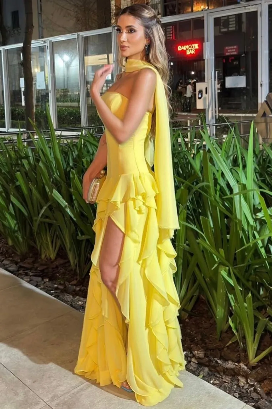 Strapless Sleeveless Long Split Prom Dress With Pleated Ruffles