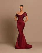 Grey Off-The-Shoulder Evening Dress Bateau Pleated Ball Gown BM bride