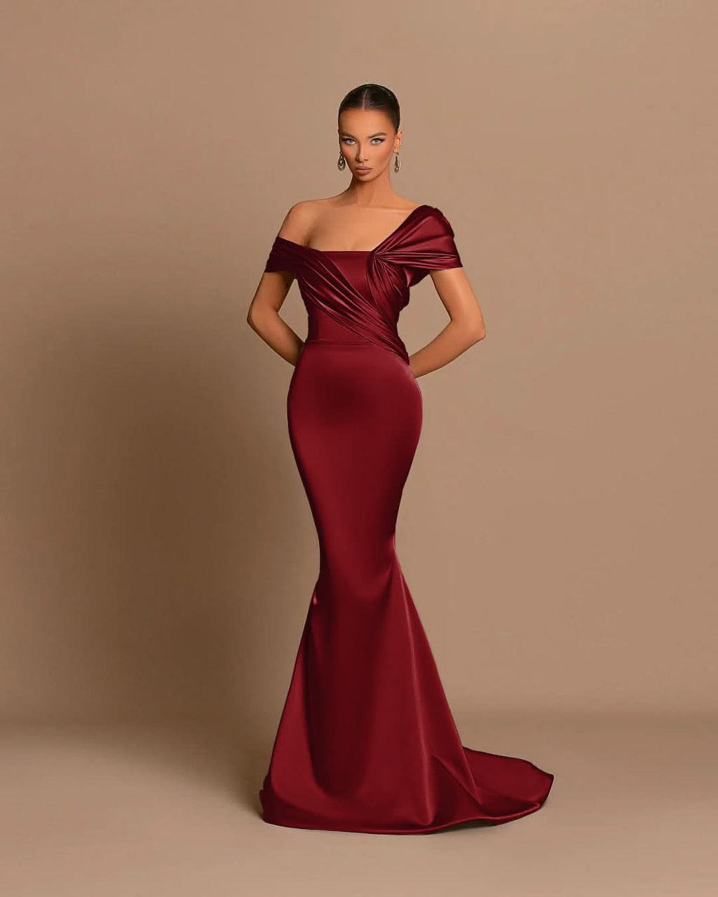 Grey Off-The-Shoulder Bateau Pleated Ball Gown Evening Dress BM bride
